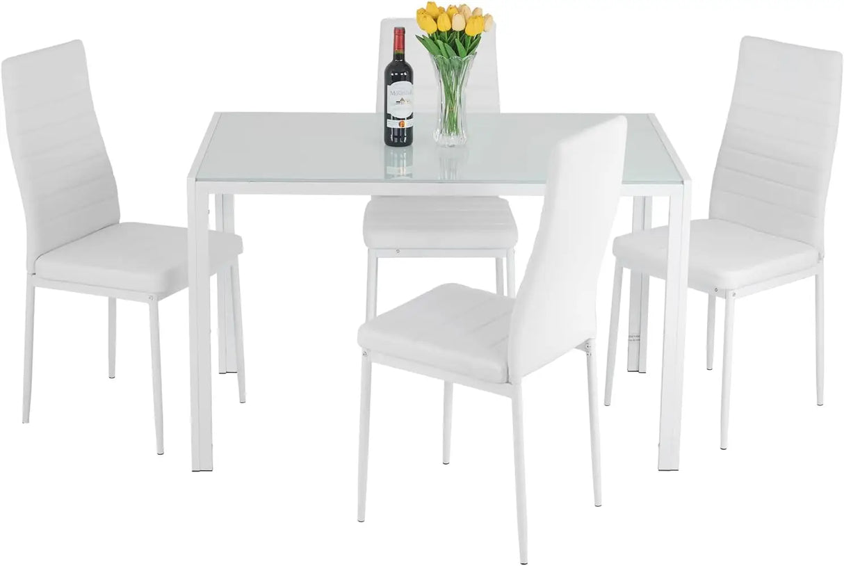Dining Table and Chairs Set, Modern Rectangular Marble Table top with 4 Chairs PU Leather for Dining Room and Kitchen, Marble