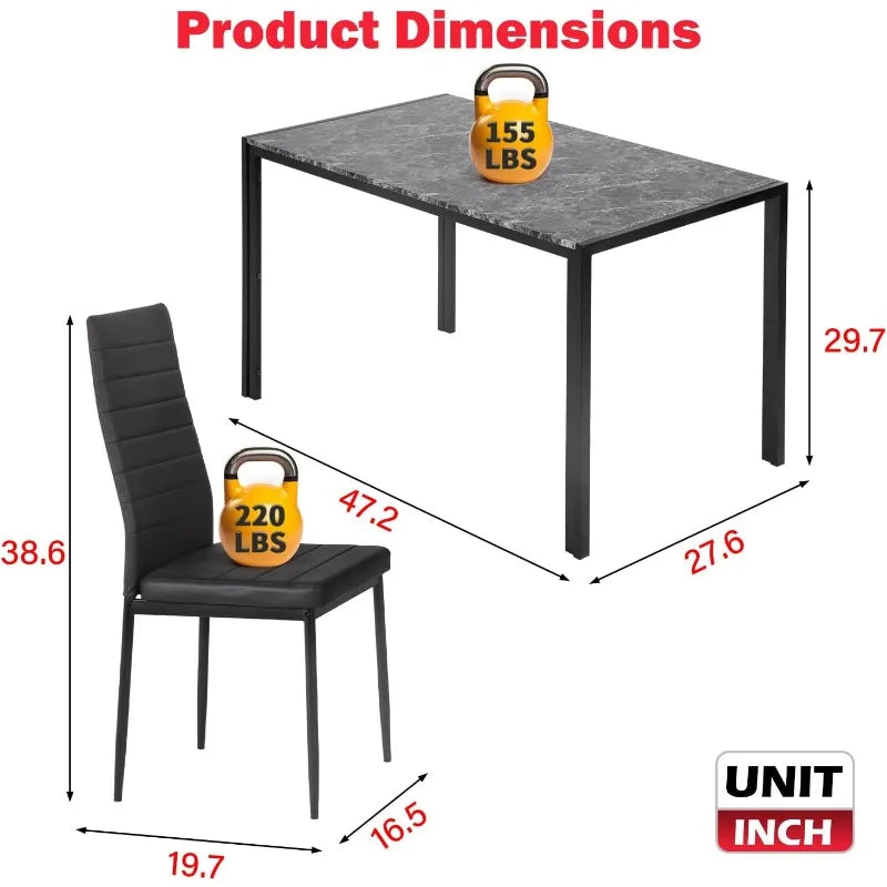 Dining Table and Chairs Set, Modern Rectangular Marble Table top with 4 Chairs PU Leather for Dining Room and Kitchen, Marble