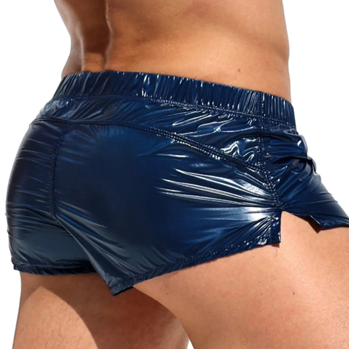 Swimwear Mens Low Rise Sides Slit Swim Shorts Solid Color Slim Fit Glossy Swimming Trunks Beach Pool Party Nightclub Costume