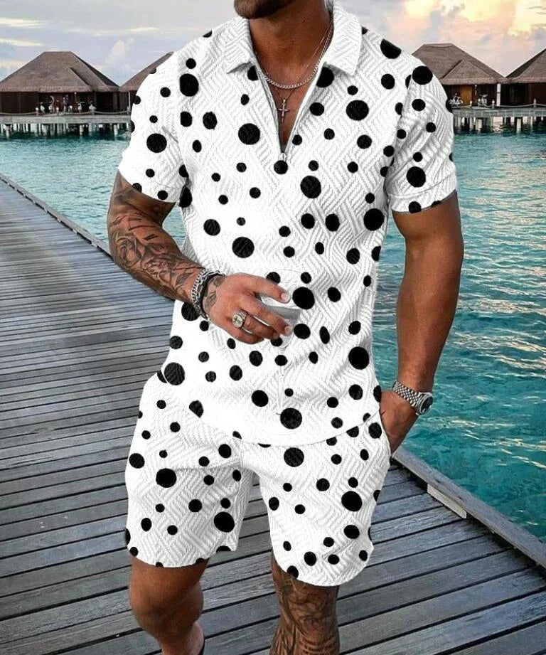 Boho Geometric Style 3D Print Men Polo shirts Set Zipper Lapel Polo Sets Zipper Collar+Shorts 2pcs Hawaii Holiday Man Clothes