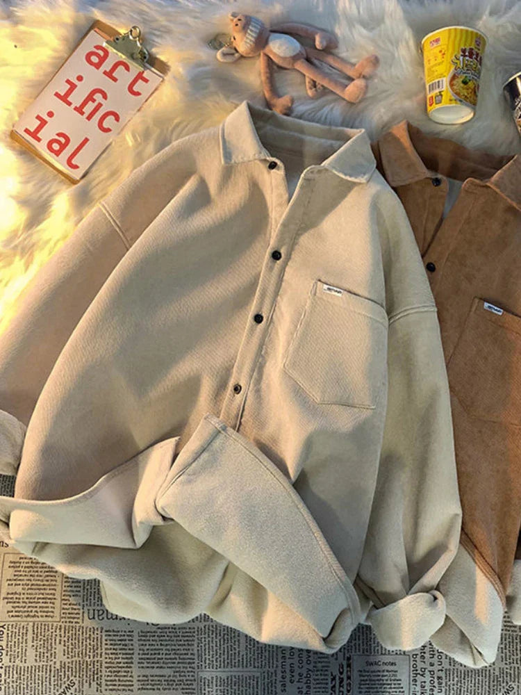 Gmiixder Japan Thickened Warm Collar Shirt Trendy Men Autumn Winter Retro Jacket Hong Kong Style Oversize Warm Blouse Top