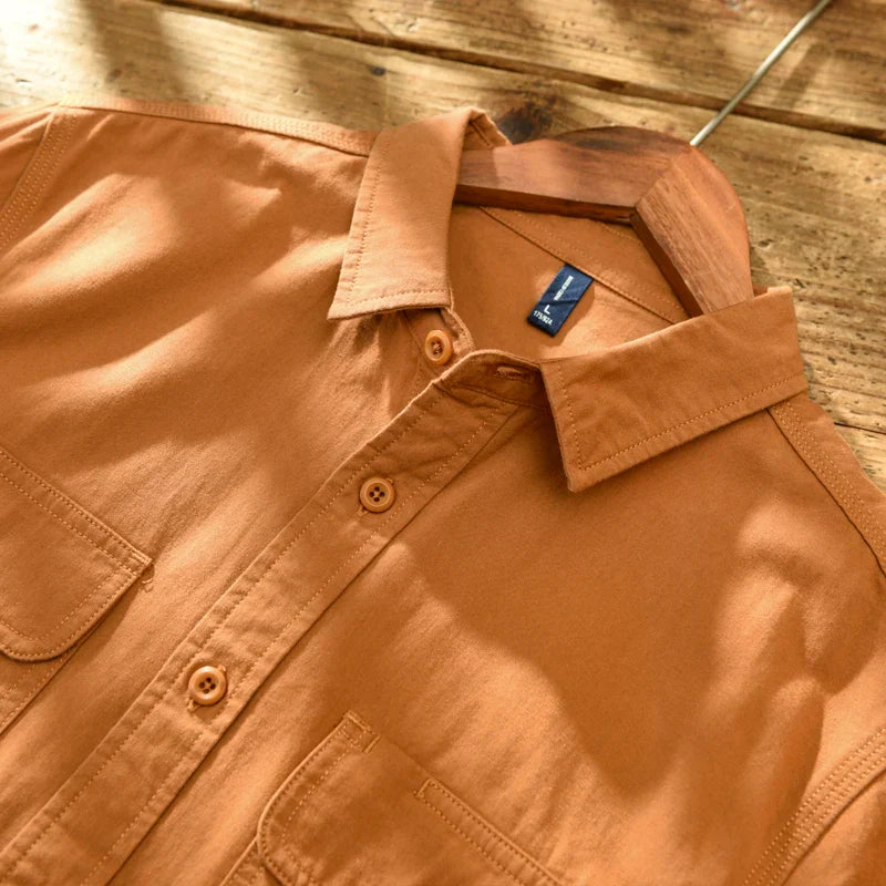 HIQOR New Mens Vintage Shirt Male Lone Sleeve Cargo Shirts 100% Cotton Casual Solid Shirt Male Pocket Work Shirt Man Clothing