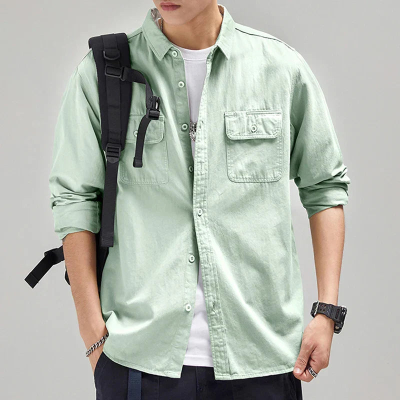 HIQOR New Mens Vintage Shirt Male Lone Sleeve Cargo Shirts 100% Cotton Casual Solid Shirt Male Pocket Work Shirt Man Clothing