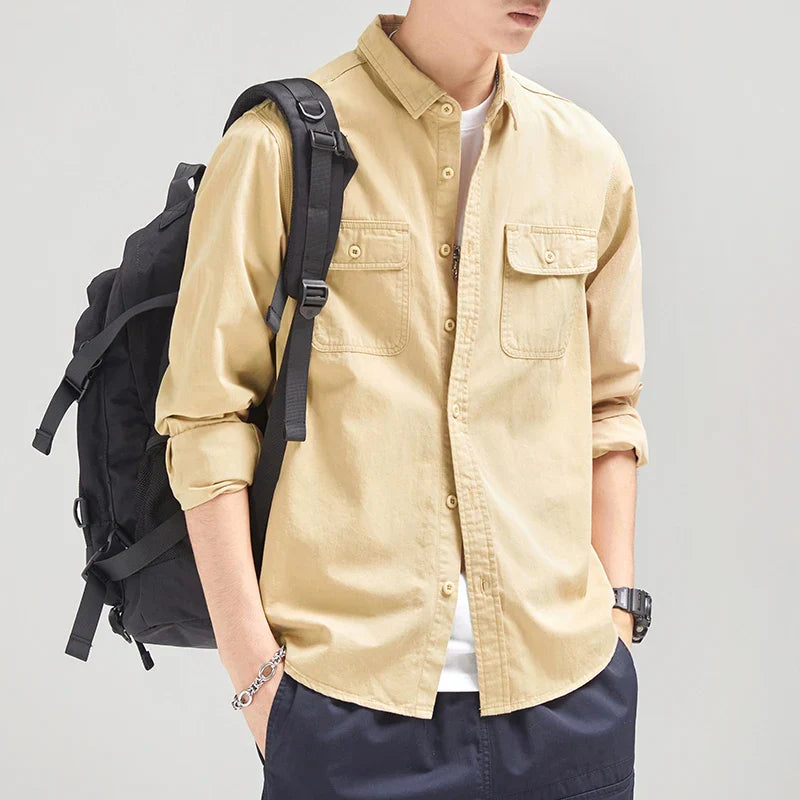 HIQOR New Mens Vintage Shirt Male Lone Sleeve Cargo Shirts 100% Cotton Casual Solid Shirt Male Pocket Work Shirt Man Clothing