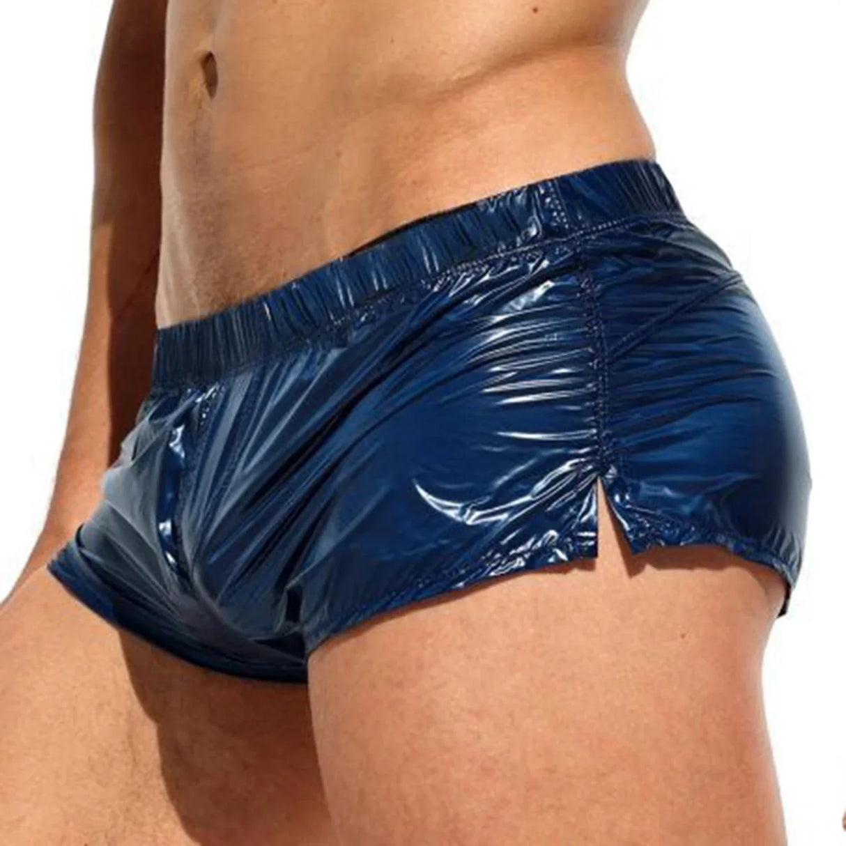 Swimwear Mens Low Rise Sides Slit Swim Shorts Solid Color Slim Fit Glossy Swimming Trunks Beach Pool Party Nightclub Costume